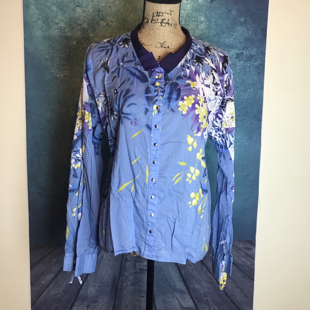T TAHARI Blue Floral Flower  Shirt Blouse Size XL